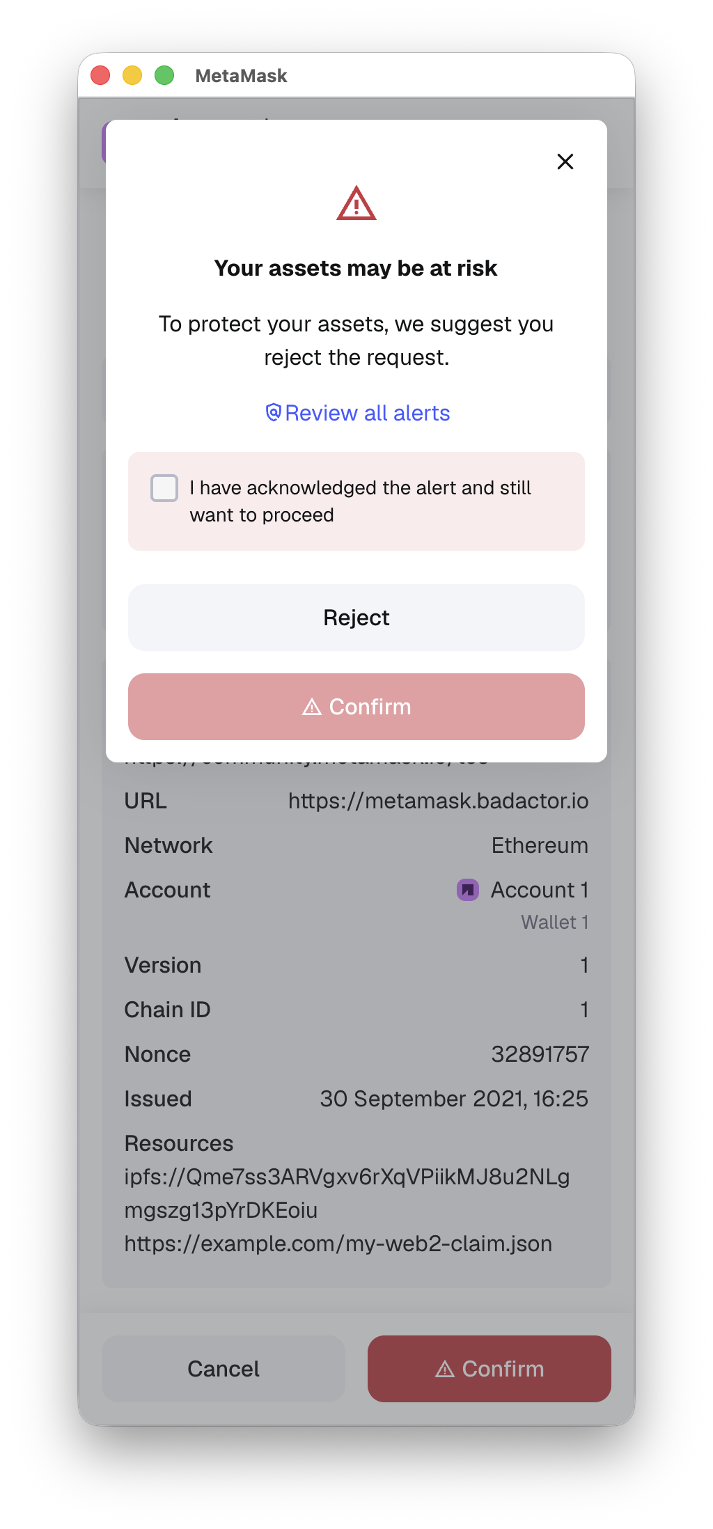 MetaMask Sign-In with Ethereum domain mismatch detailed warning popup